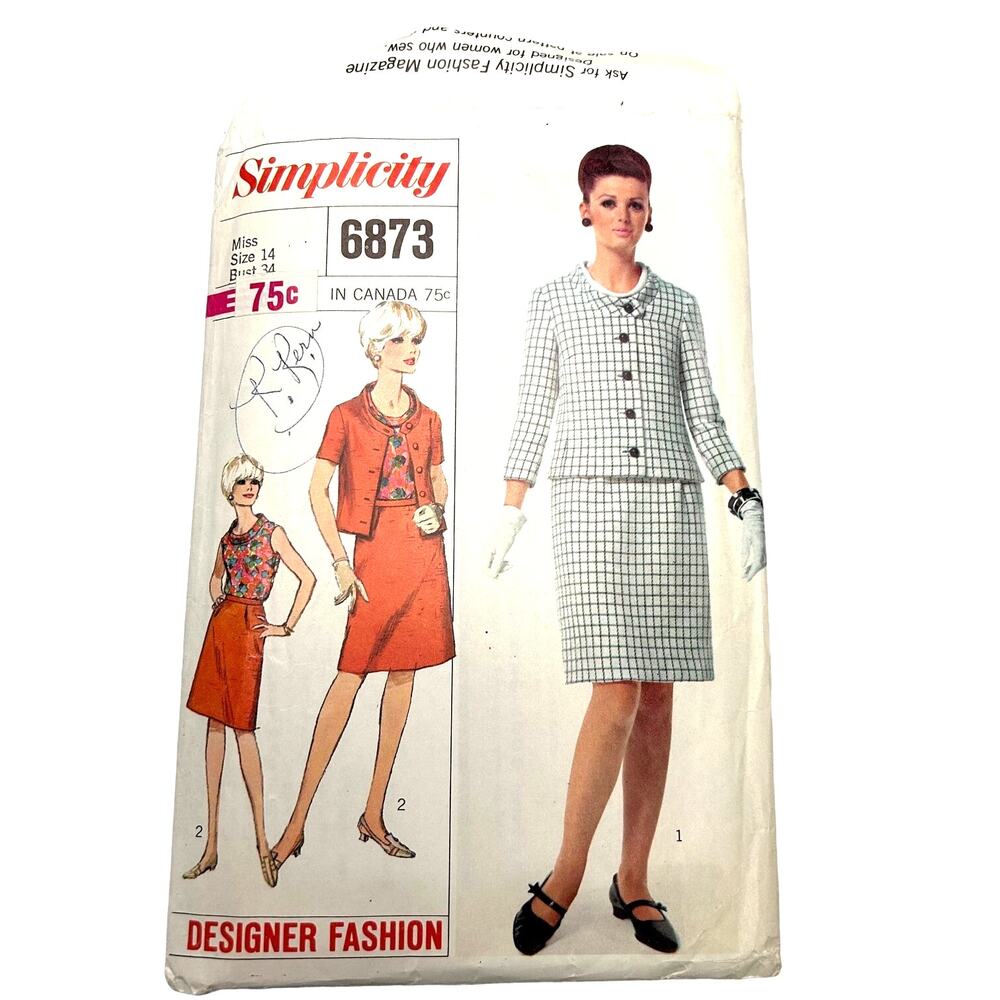 Simplicity Designer Vintage 1960's Pattern #6873 Misses Suit‎ and Blouse Size 14